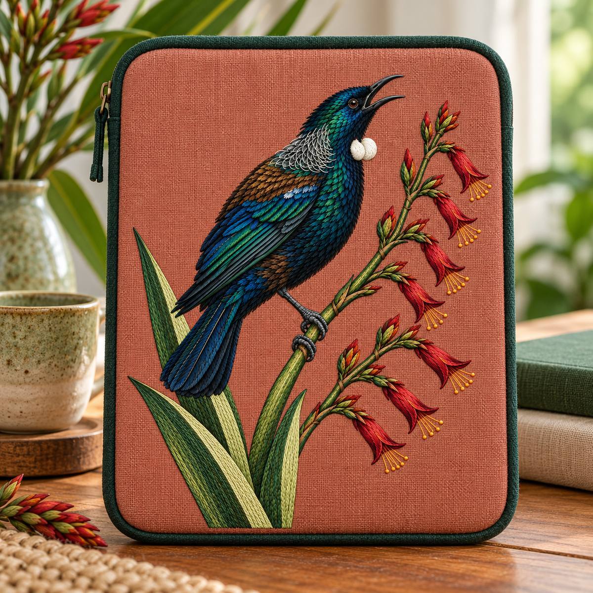 Tui embroidery design in a digital mockup of An upright padded tablet sleeve with darkgreen binding, full tui andsevenflowers onfront. Placement inspiration for Study 59.