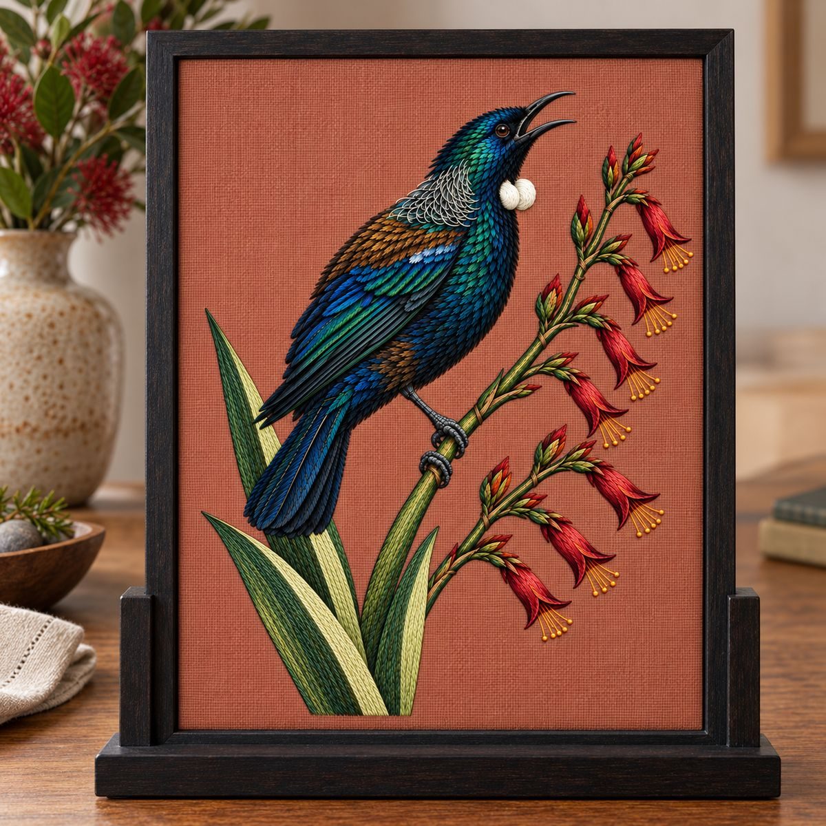 Tui embroidery design in a digital mockup of A rosebrown textile art panel in a tabletop ebonized displaystand, ceramicvasefarbehind. Placement inspiration for Study 59.