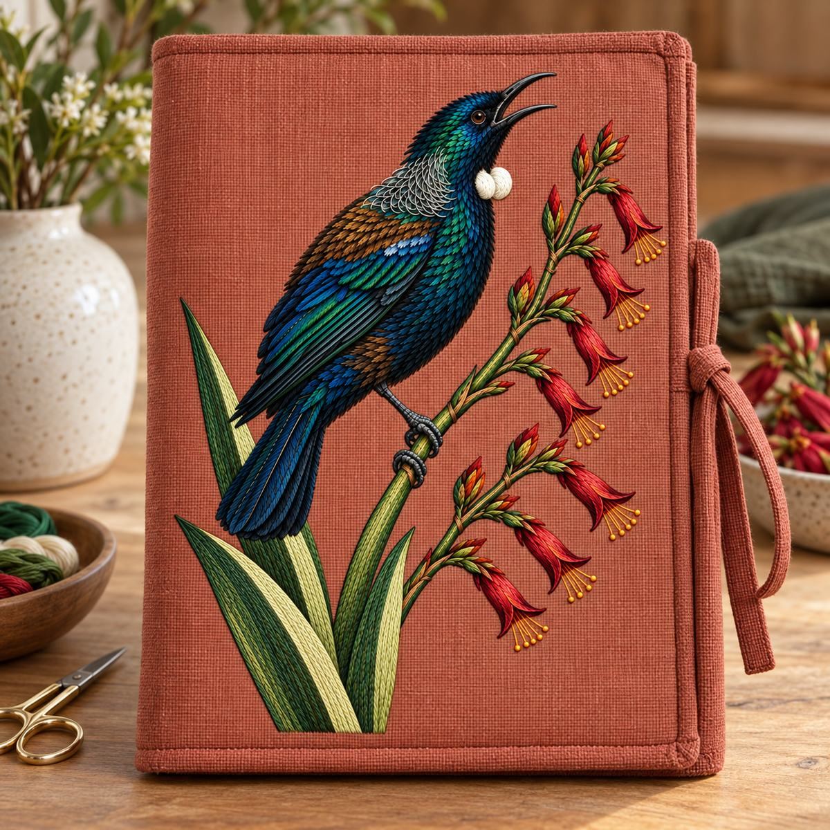 Tui embroidery design in a digital mockup of A hand-sewn rectangular crafttool roll displayed fully closed upright, outer embroidered panel uninterrupted. Placement inspiration for Study 59.