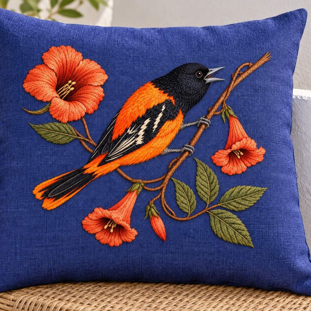 Oriole hand embroidery design on a blue cushion. Digital placement mockup; finished item and materials are not included.
