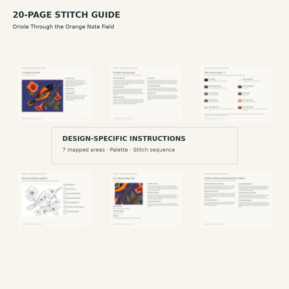 Protected page overview of the 20-page Oriole stitch guide, including its numbered map, suggested palette and working sequence.