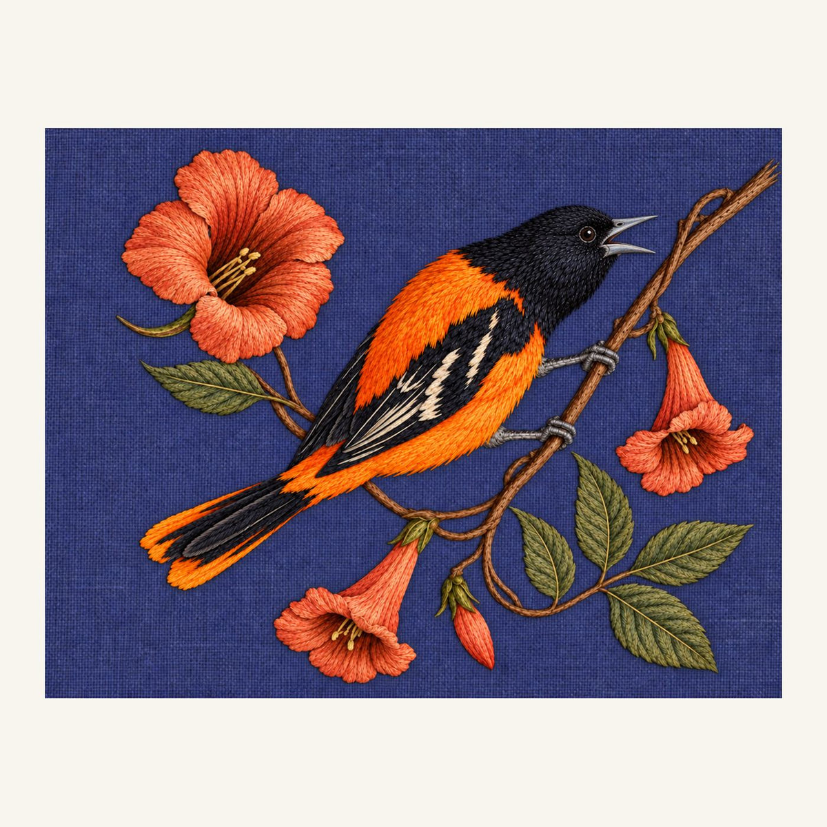Digital embroidery reference showing an oriole among trumpet flowers on blue-violet linen, landscape composition.