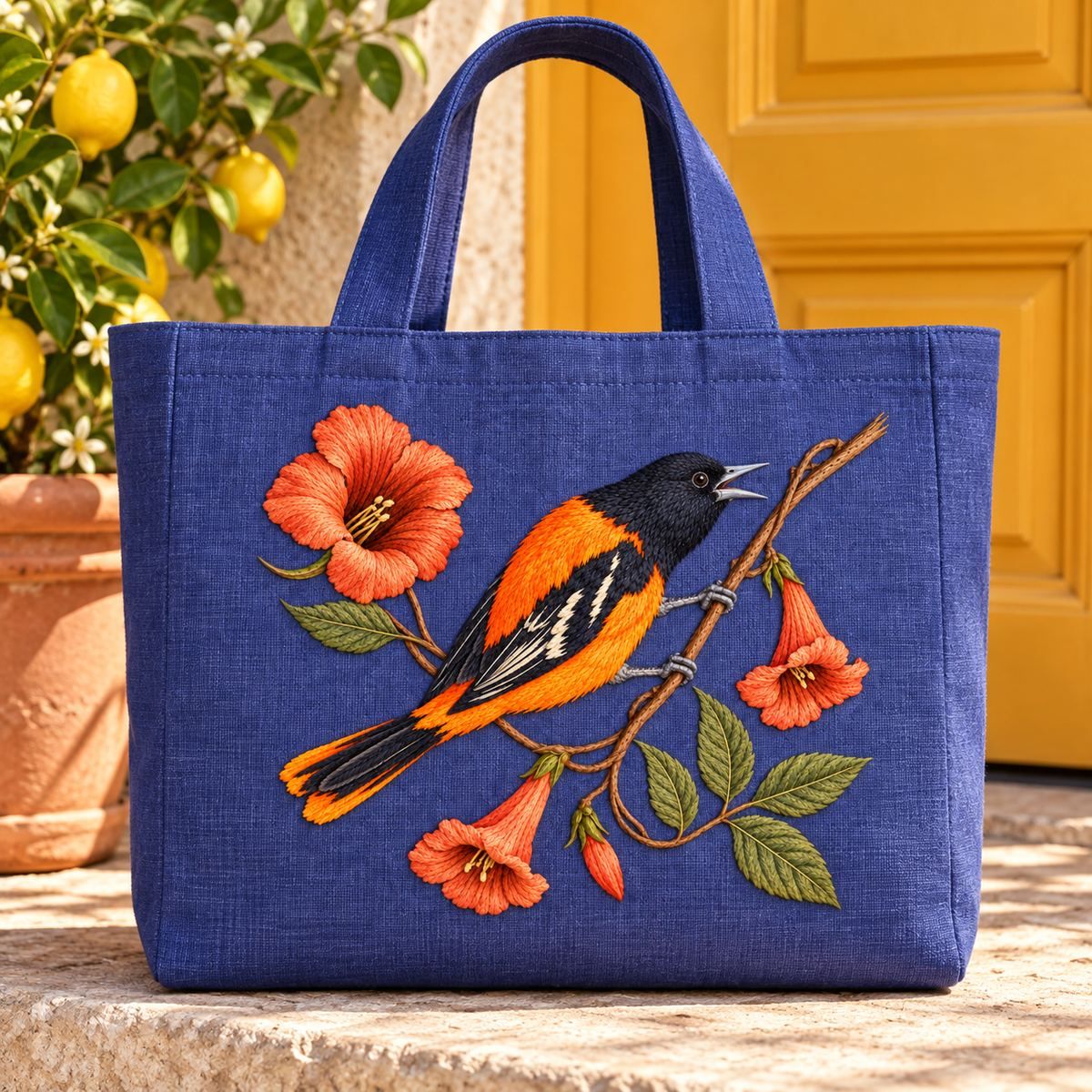 Oriole embroidery design in a digital mockup of blue-violet structured summer tote beside citrus-coloured door. Placement inspiration for Study 60.