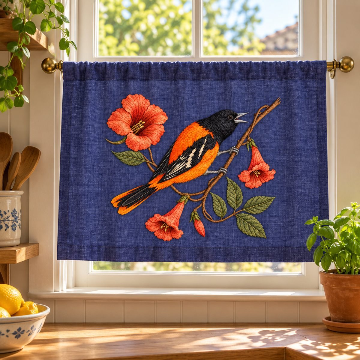 Oriole embroidery design in a digital mockup of blue-violet flat pantry curtain, no folds across motif. Placement inspiration for Study 60.