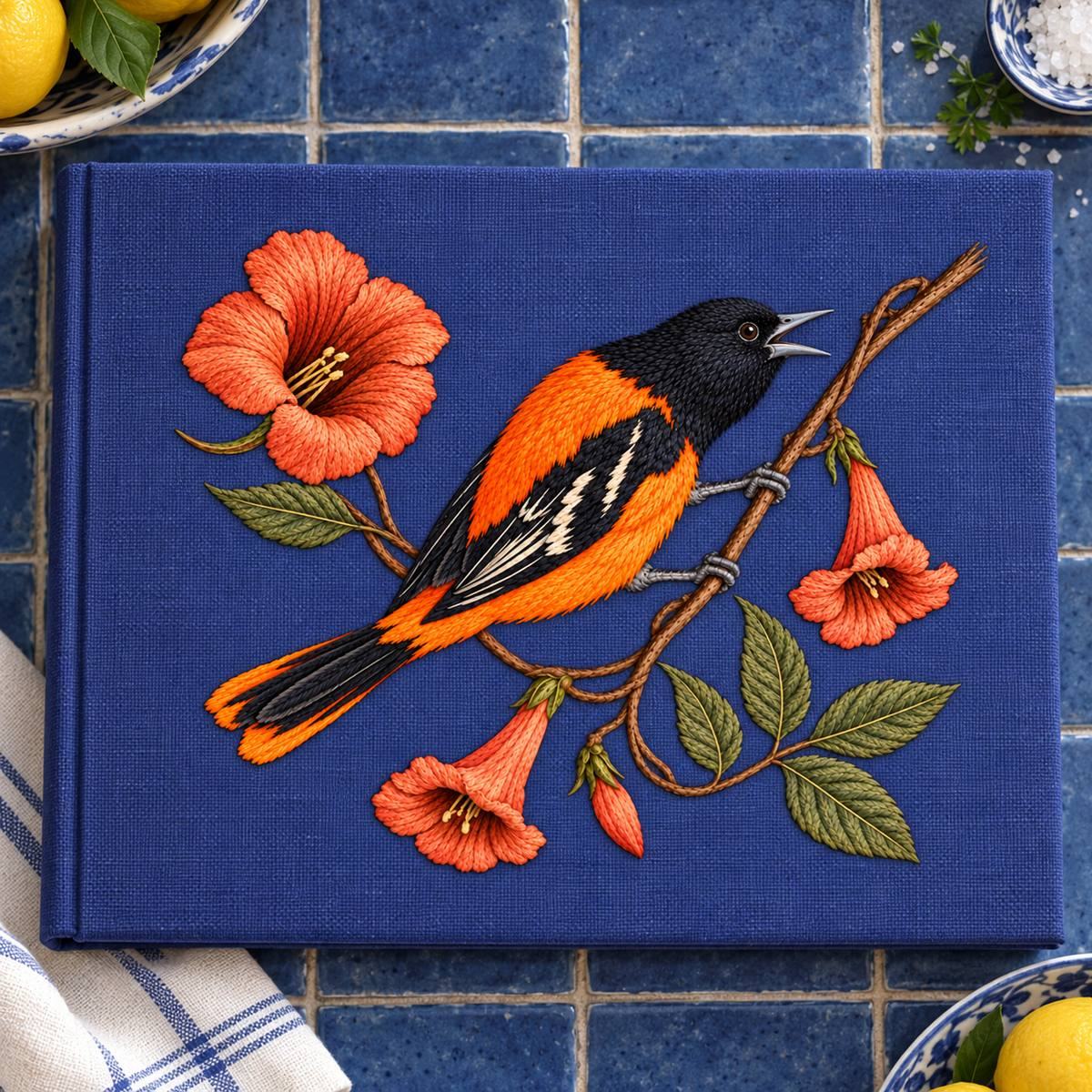 Oriole embroidery design in a digital mockup of blue-violet recipe binder lying flat on blue kitchen tiles. Placement inspiration for Study 60.