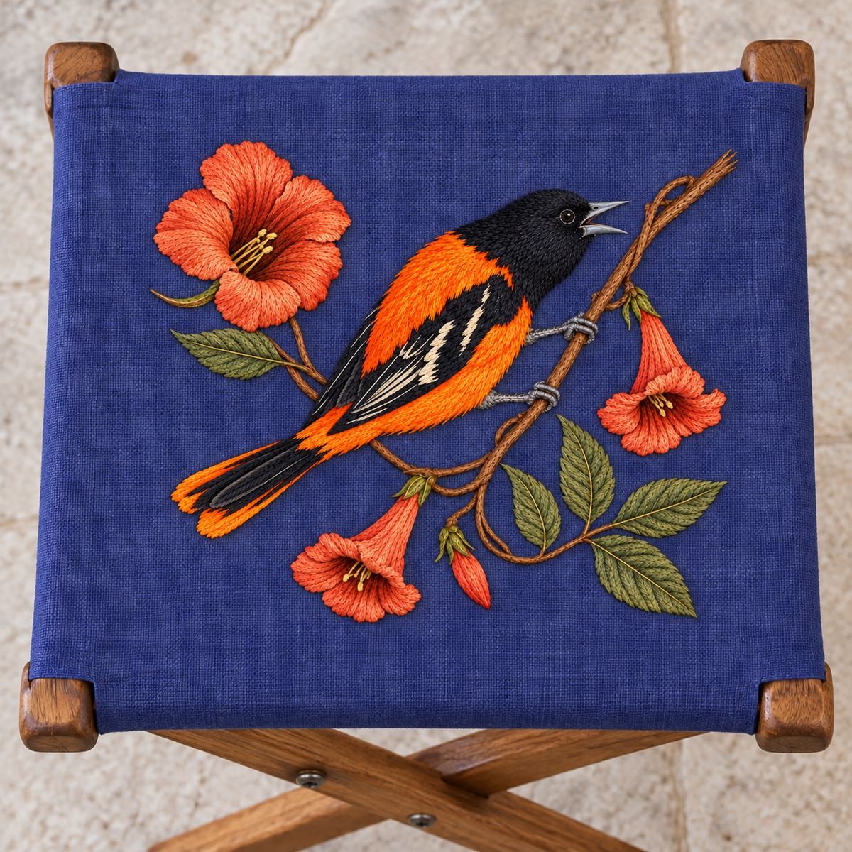 Oriole embroidery design in a digital mockup of blue-violet folding stool seat inset, directly overhead. Placement inspiration for Study 60.