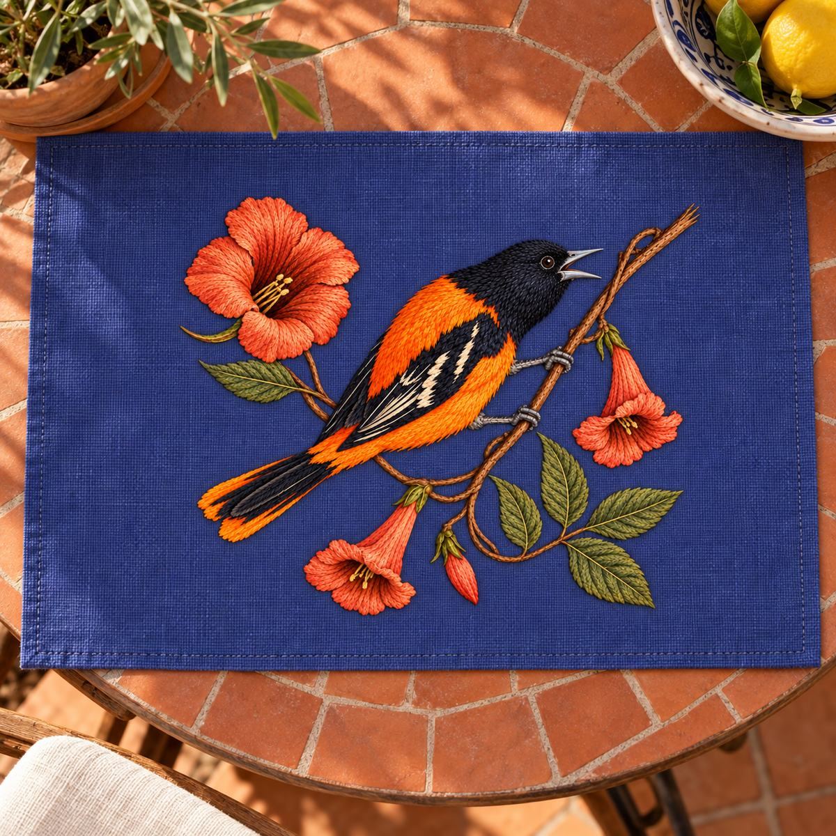 Oriole embroidery design in a digital mockup of blue-violet table mat on terracotta courtyard table, overhead. Placement inspiration for Study 60.