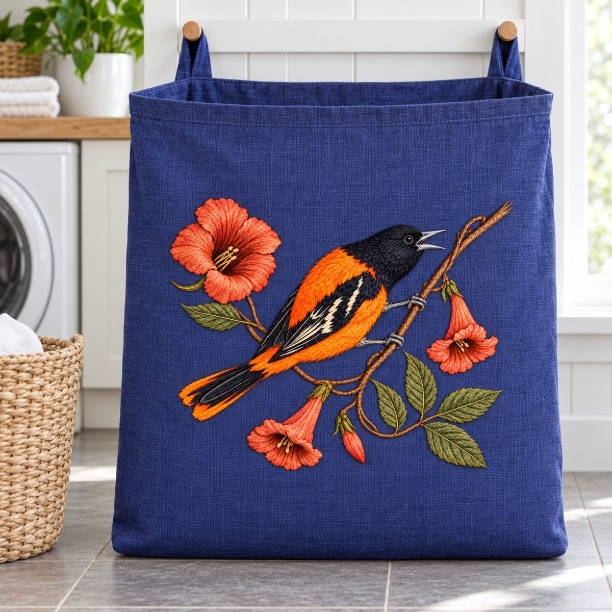 Oriole embroidery design in a digital mockup of blue-violet hanging laundry bag front in white utility room. Placement inspiration for Study 60.