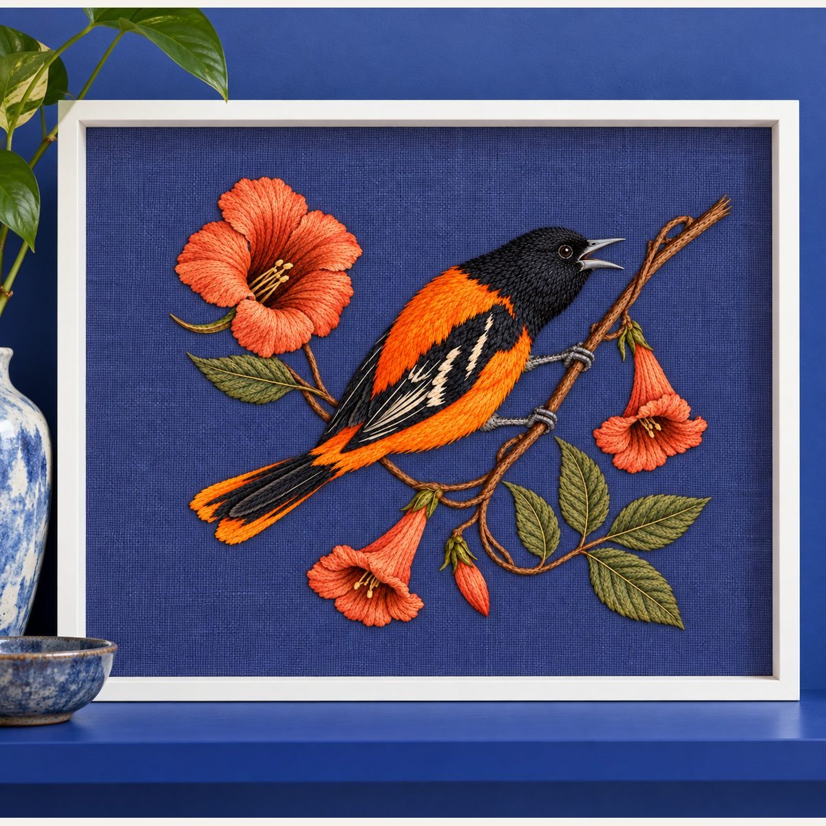 Oriole embroidery design in a digital mockup of blue-violet embroidered textile in white shadow box on cobalt shelf. Placement inspiration for Study 60.