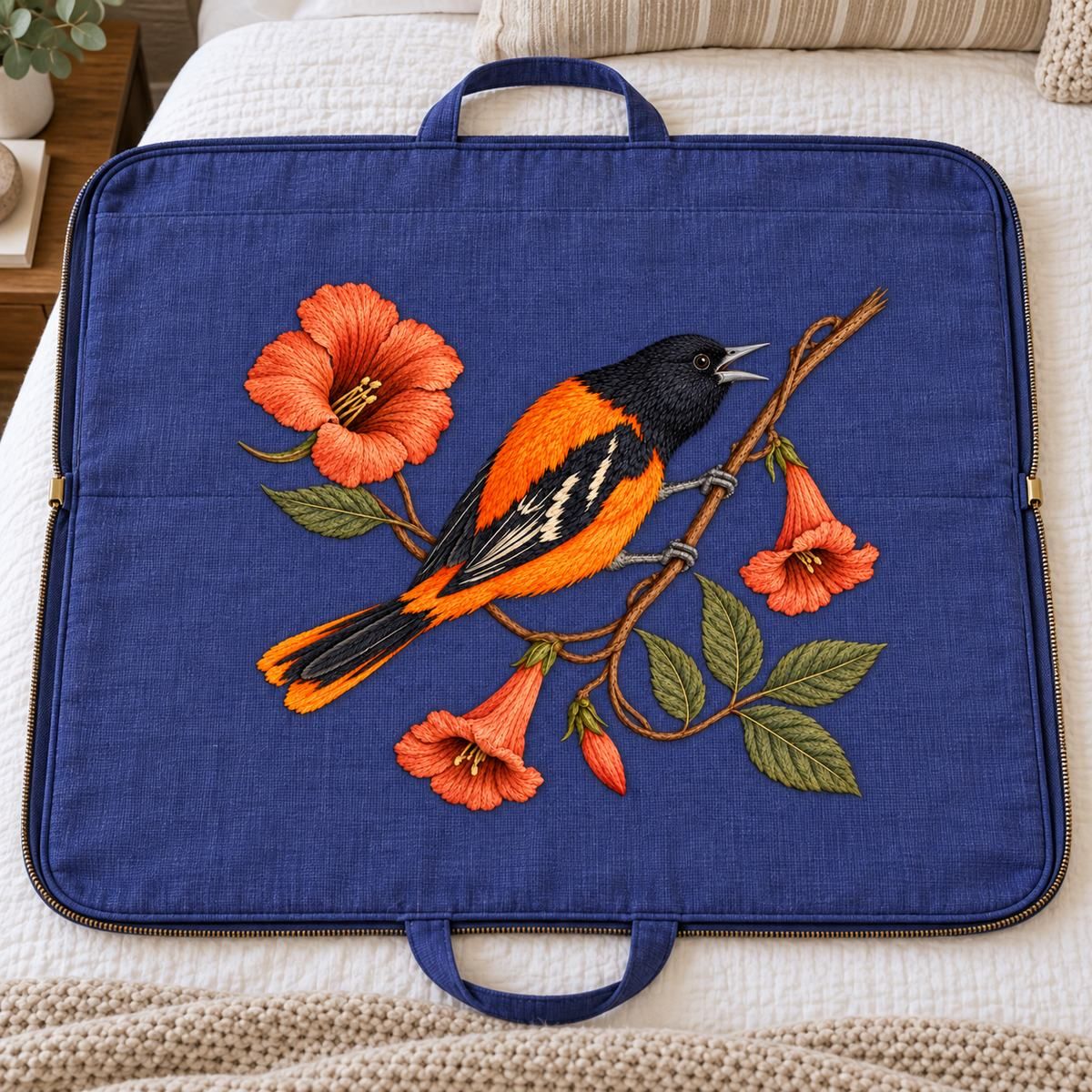 Oriole embroidery design in a digital mockup of blue-violet garment carrier opened flat on guest bed, overhead. Placement inspiration for Study 60.