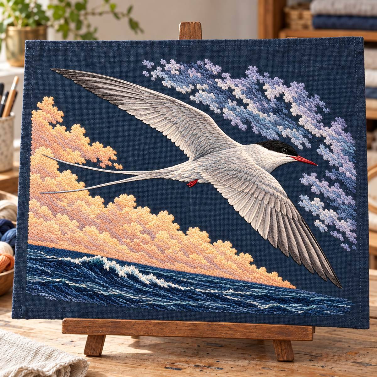 Arctic Tern embroidery design shown in a digital mockup of A flat rectangular embroidered cloth on a low tabletop display easel in a textile studio, unframed edges finished simply, ruler or props not overlapping. Study 61.