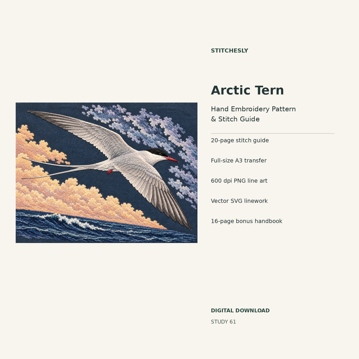 Arctic Tern hand embroidery digital package cover showing the reference artwork and included guide, transfer, PNG, SVG and bonus handbook.