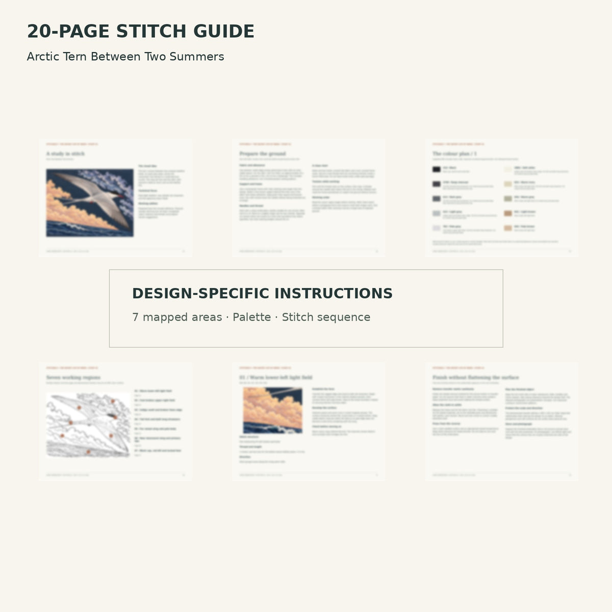 Protected page overview of the 20-page Arctic Tern stitch guide, including its numbered map, suggested palette and working sequence.