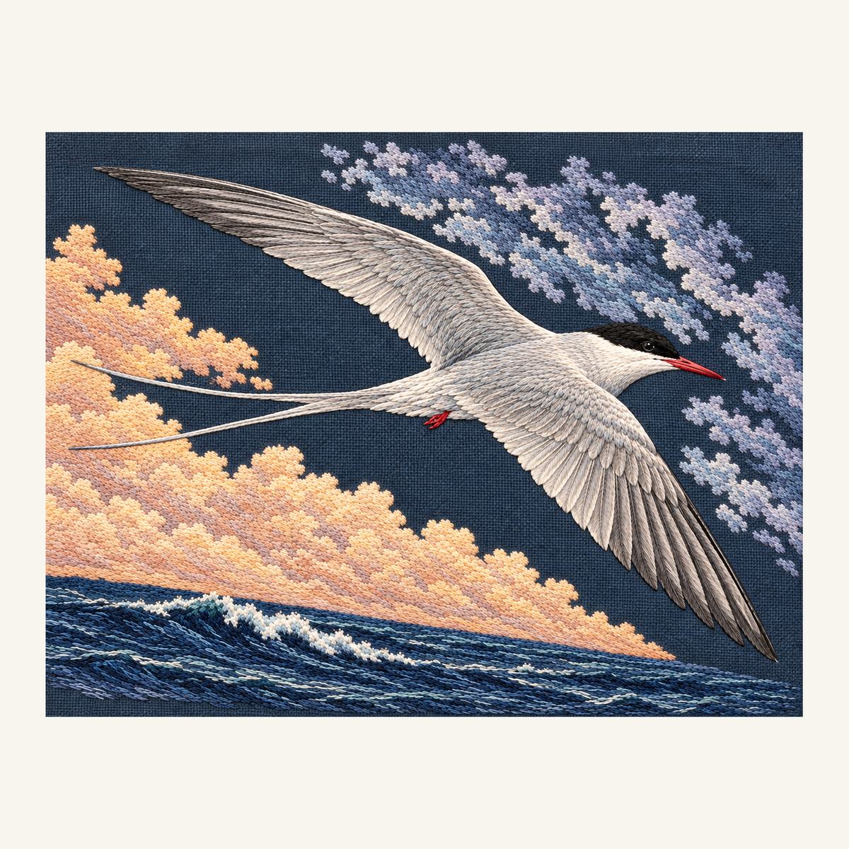 Digital embroidery reference showing an Arctic tern between two weather fields on deep smoky petrol-plum linen, landscape composition.