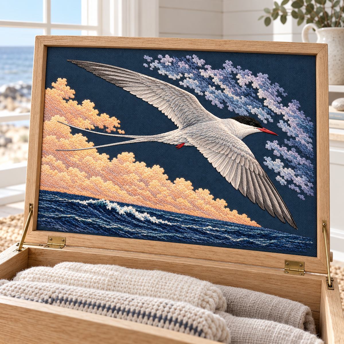 Arctic Tern embroidery design in a digital mockup of A single horizontal embroidery panel inset in the inside lid of an open pale oak sea-chest, photographed at a slight angle in a bright coastal room; folded neutral blankets below. Placement inspiration for Study 61.