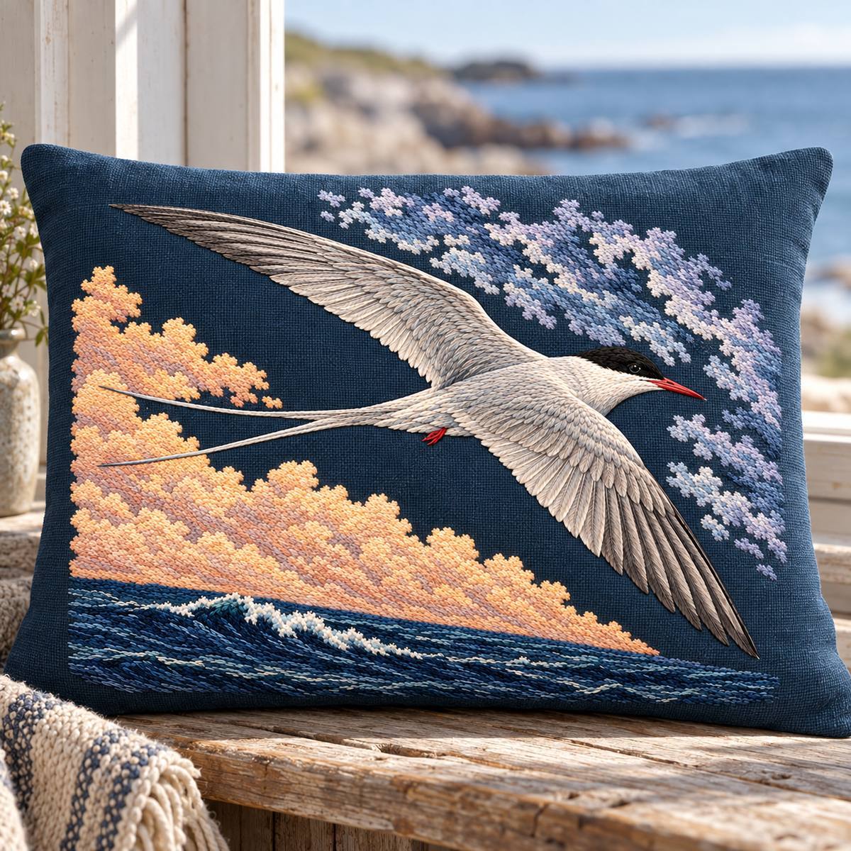 Arctic Tern embroidery design in a digital mockup of A smoked petrol linen rectangular cushion on a weathered wooden window bench, a soft out-of-focus sea view behind; frontal motif. Placement inspiration for Study 61.