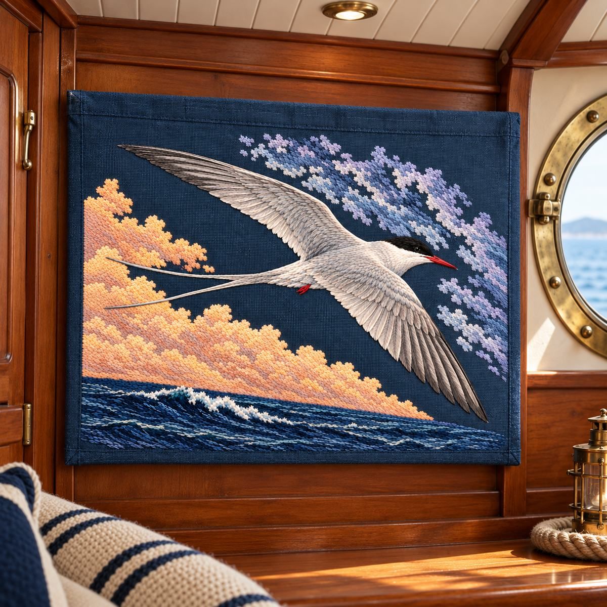 Arctic Tern embroidery design in a digital mockup of A horizontal embroidered panel mounted as a linen sailcloth map-pocket on a cabin wall, approximately , closed pocket so motif is uninterrupted; brass porthole nearby. Placement inspiration for Study 61.