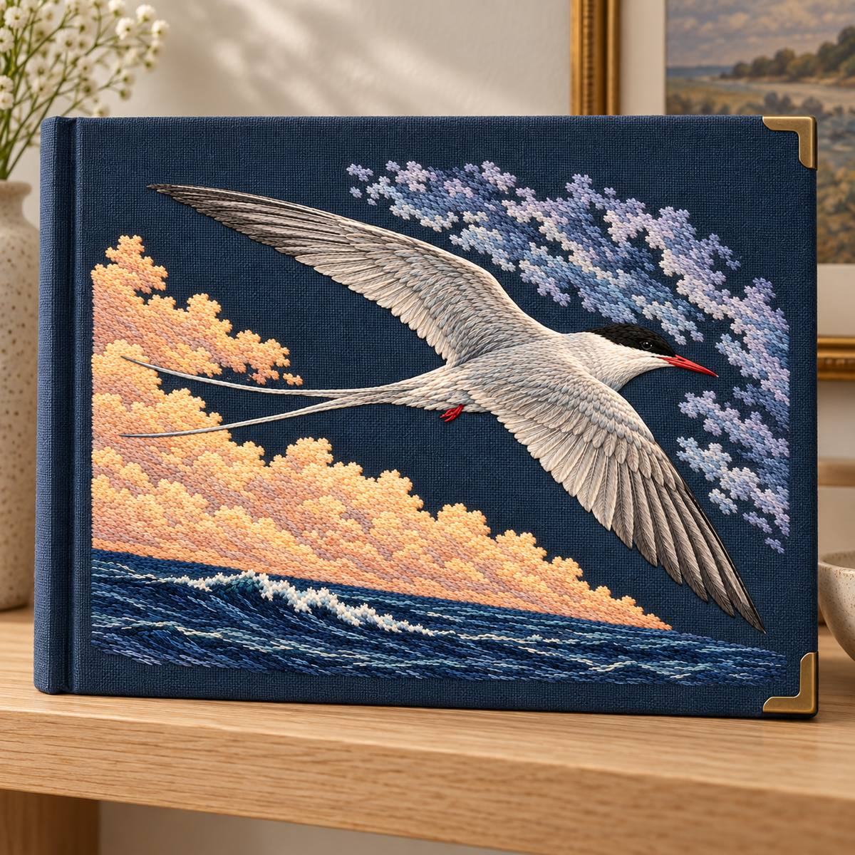 Arctic Tern embroidery design in a digital mockup of A broad landscape photo album covered in petrol-plum linen, standing closed on a pale oak shelf, plain brass corners outside the motif; no writing. Placement inspiration for Study 61.