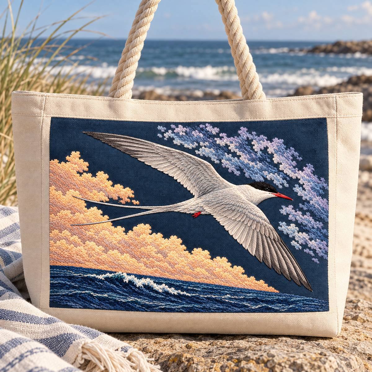 Arctic Tern embroidery design in a digital mockup of A hand-embroidered landscape panel in the upper face of a large structured beach tote, wide, plain undyed canvas sides and rope handles entirely above the motif. Placement inspiration for Study 61.