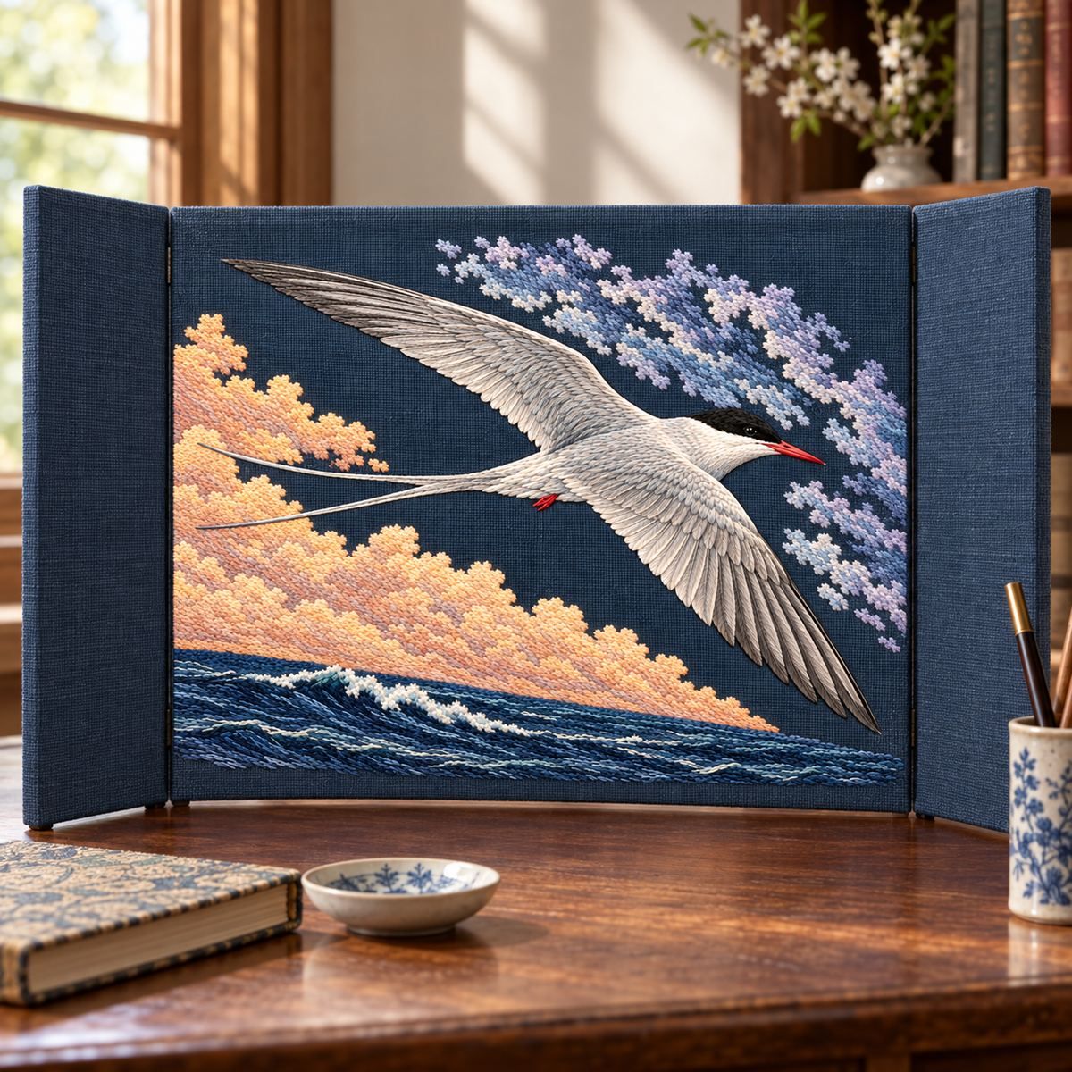 Arctic Tern embroidery design in a digital mockup of A plain linen folding tabletop screen with a horizontal embroidered central panel and two narrow blank side wings on a writing desk; no added motifs. Placement inspiration for Study 61.