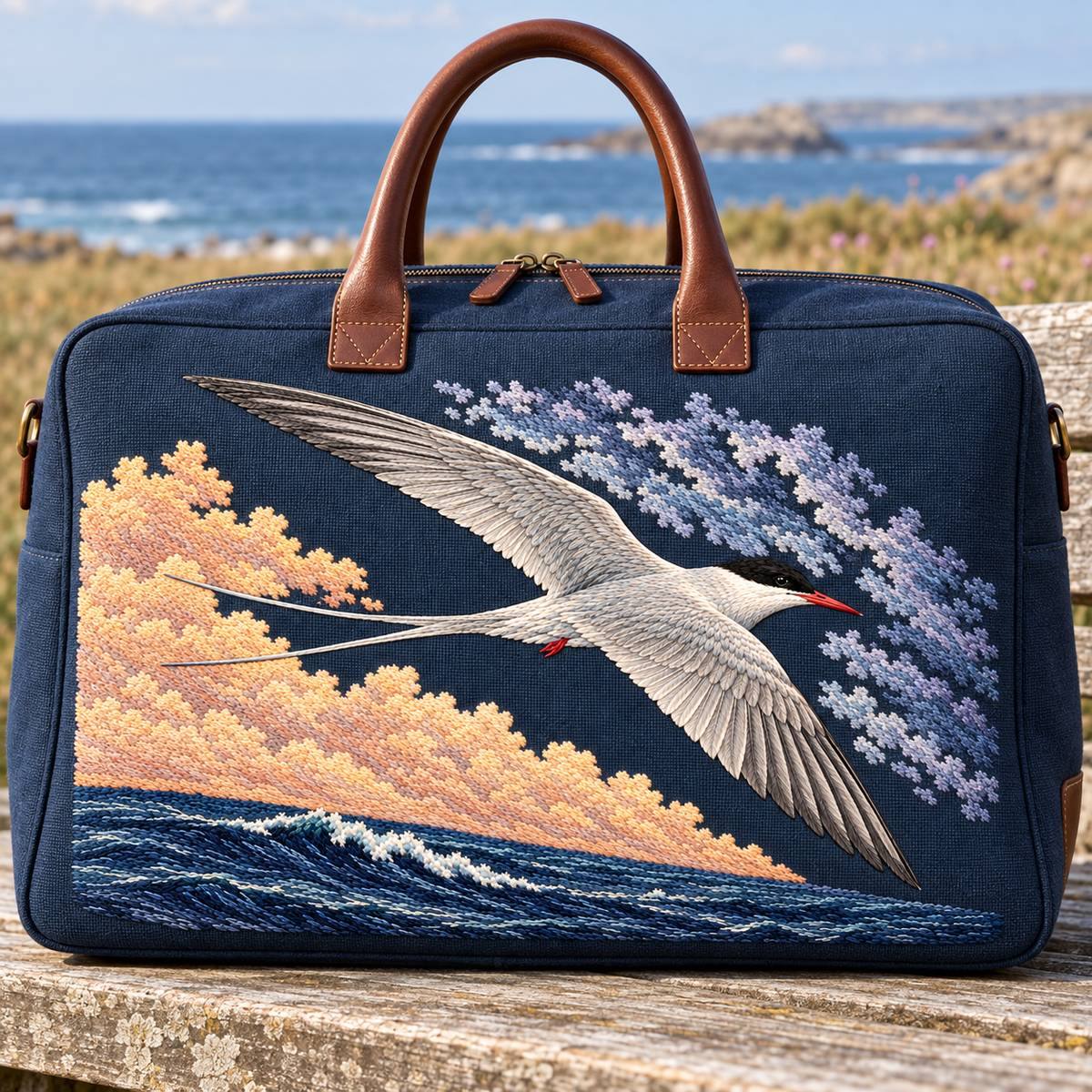 Arctic Tern embroidery design in a digital mockup of A landscape embroidery inset in the front of a navy overnight bag, structured wide rectangular body, natural leather handles, bag closed on a bench. Placement inspiration for Study 61.