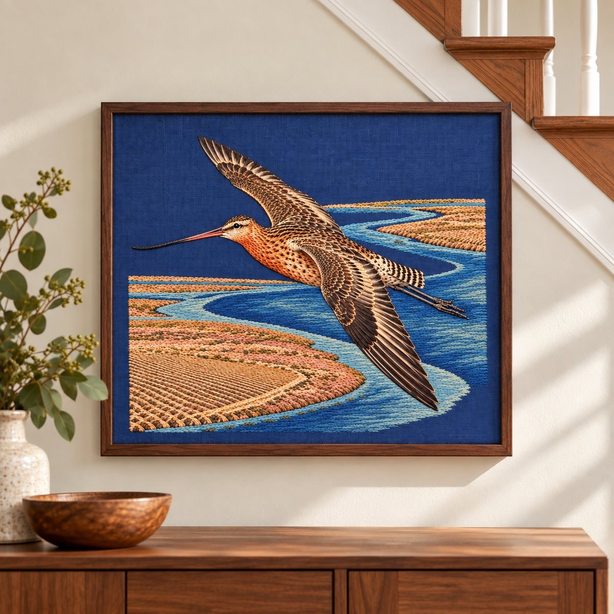 Godwit embroidery design shown in a digital mockup of A horizontal linen embroidery panel framed with narrow dark walnut beneath a staircase, photographed close with whole frame occupying most canvas. Study 62.