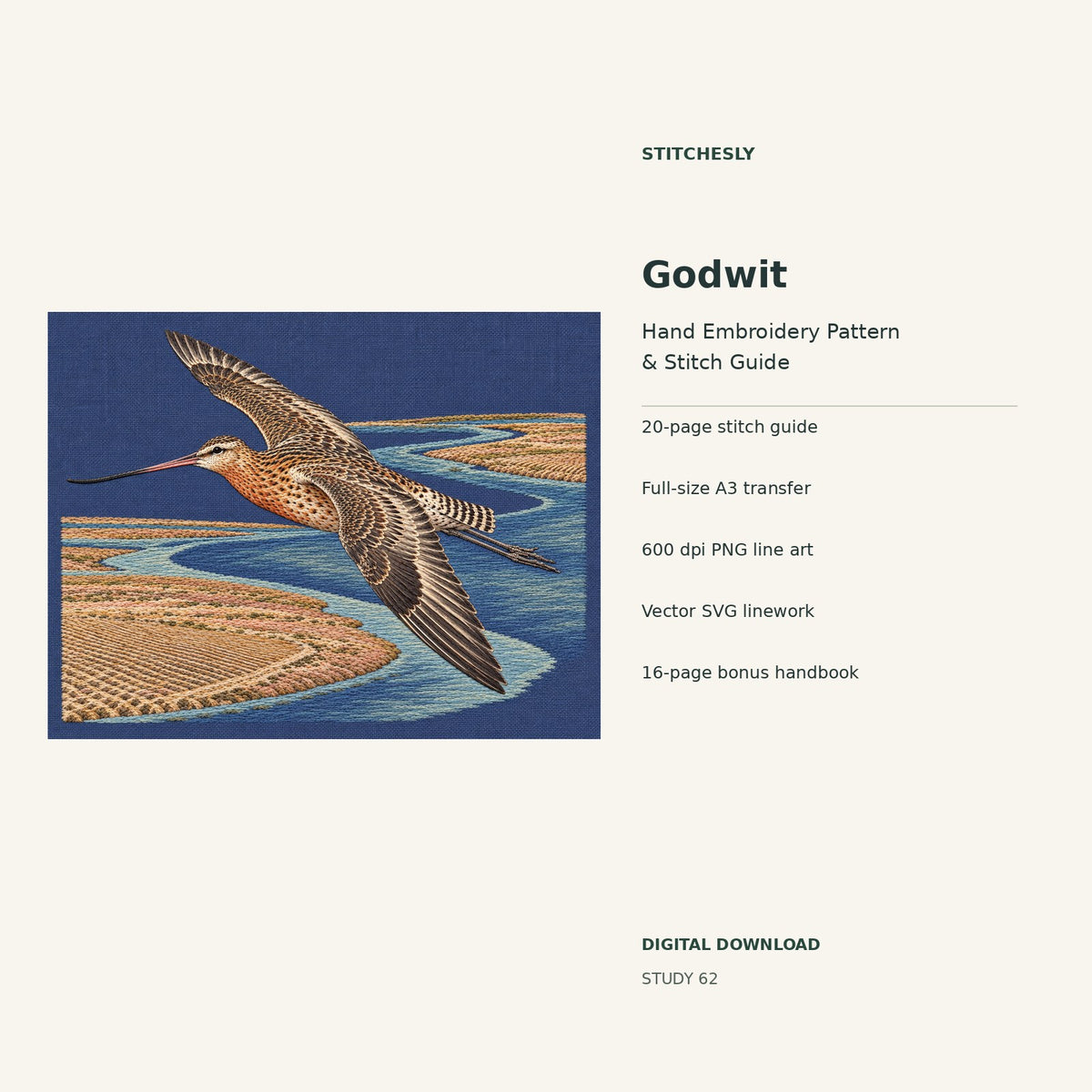 Godwit hand embroidery digital package cover showing the reference artwork and included guide, transfer, PNG, SVG and bonus handbook.