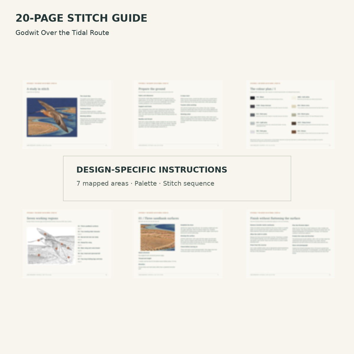 Protected page overview of the 20-page Godwit stitch guide, including its numbered map, suggested palette and working sequence.