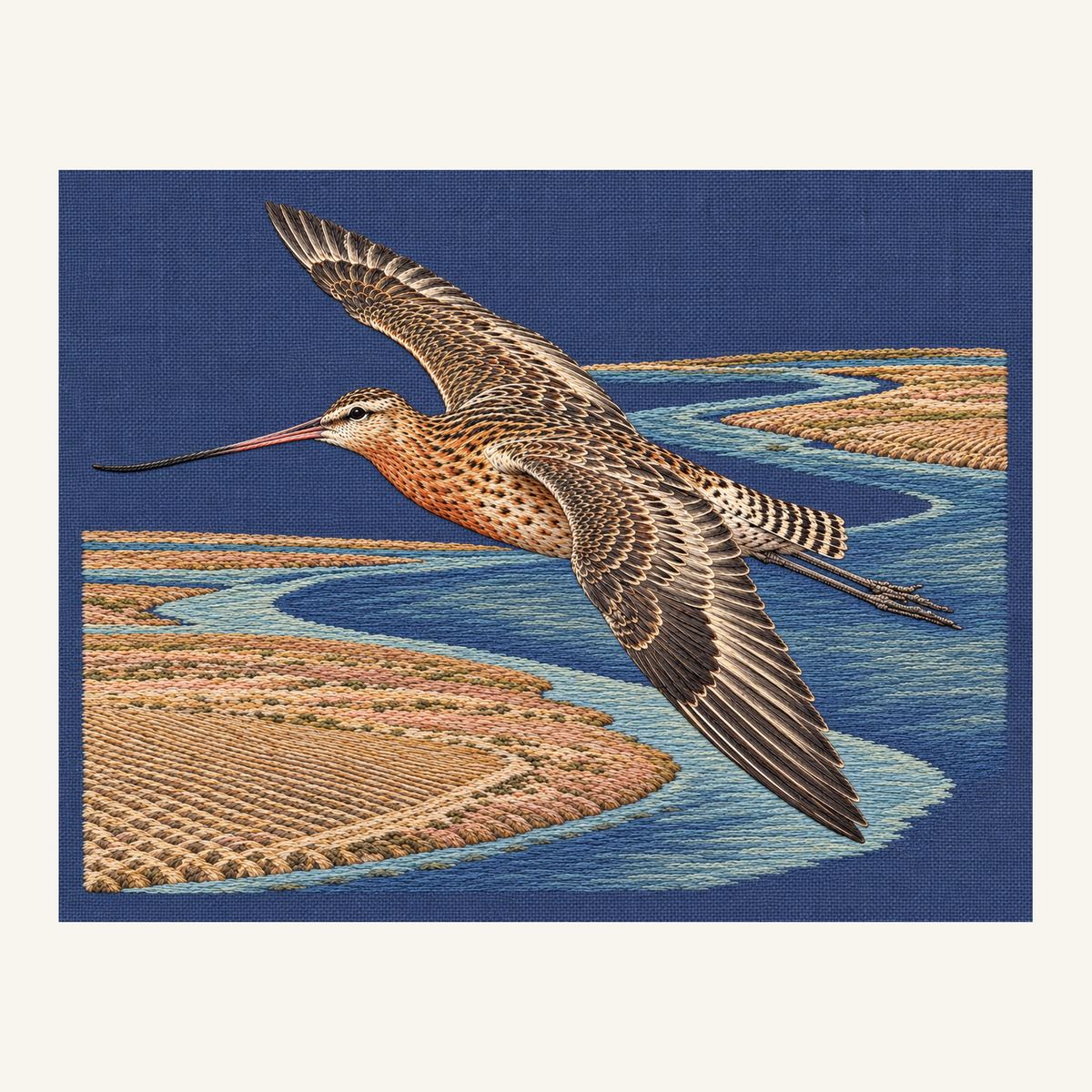 Digital embroidery reference showing a godwit crossing winding tidal channels on deep washed plum-blue linen, landscape composition.