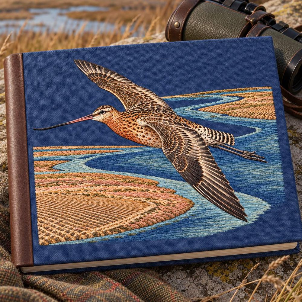 Godwit embroidery design in a digital mockup of A landscape embroidered panel on a large field-record folio, plum-blue linen with a plain leather spine, lying at a shallow angle beside a closed binocular case. Placement inspiration for Study 62.
