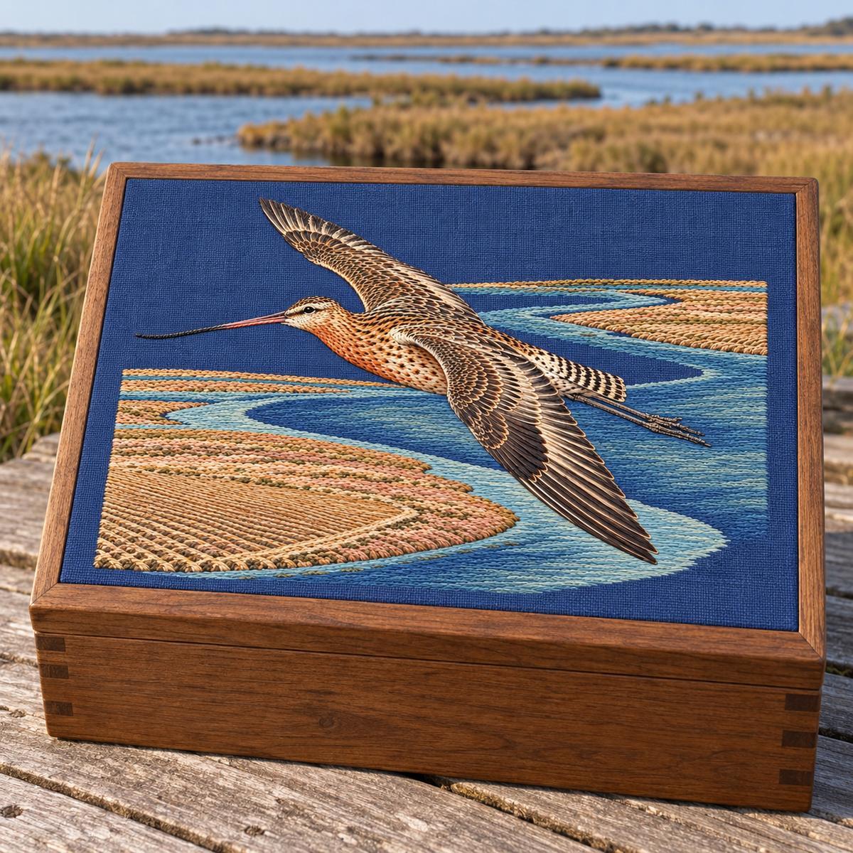Godwit embroidery design in a digital mockup of A large horizontal embroidered insert on the exterior lid of a closed marsh-observation equipment chest, angled enough to see wood thickness but entire motif upright. Placement inspiration for Study 62.