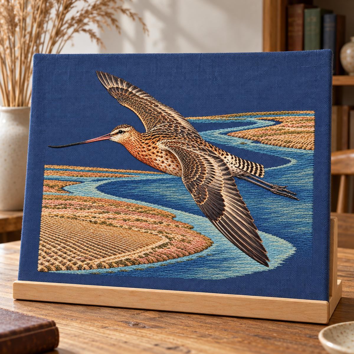 Godwit embroidery design in a digital mockup of A landscape linen panel in a freestanding low birch document holder, displayed in a study with dried reeds in a plain vase at a distance. Placement inspiration for Study 62.