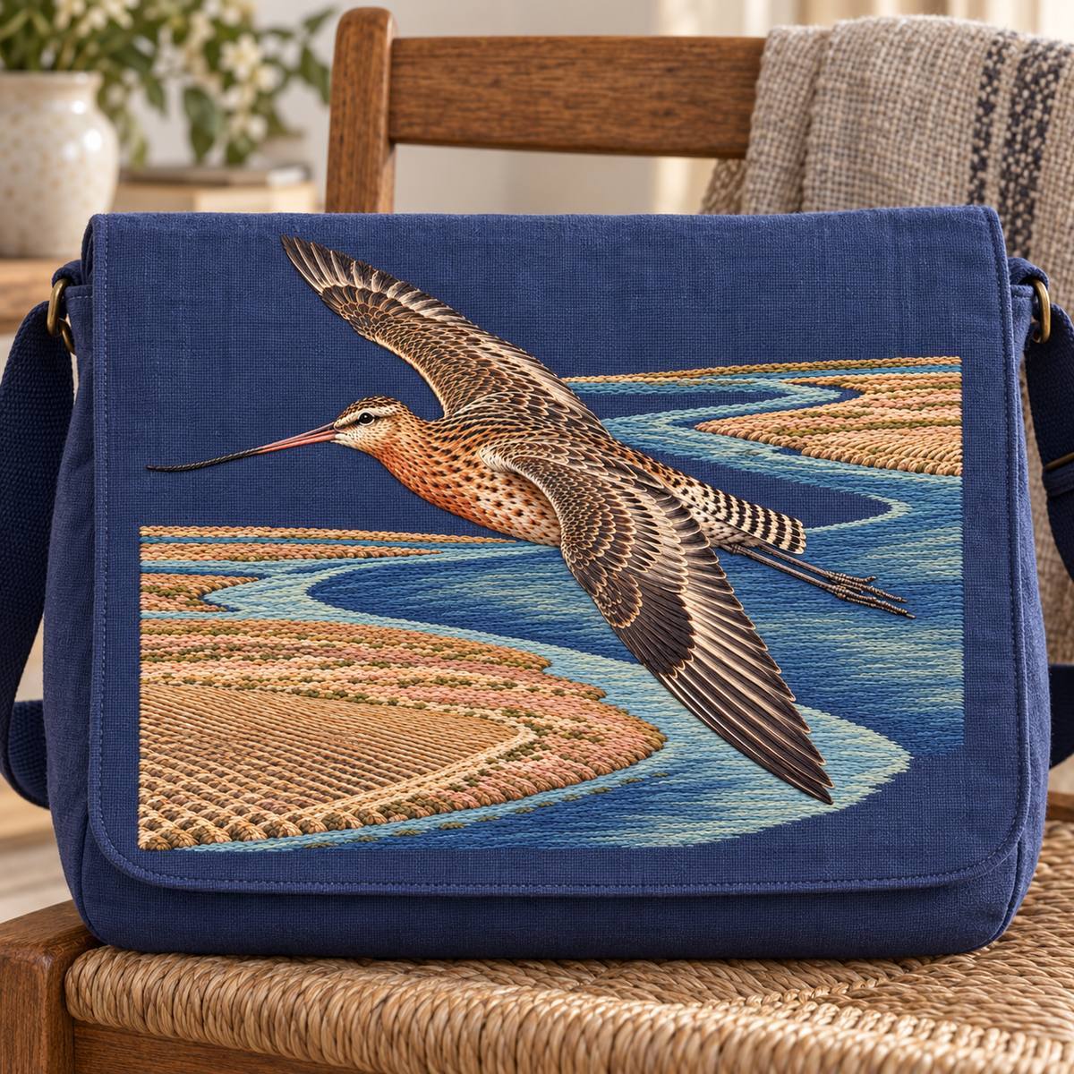 Godwit embroidery design in a digital mockup of A wide plum-blue linen messenger bag with motif on a single uninterrupted front flap, width, simple webbing strap behind, on a chair. Placement inspiration for Study 62.