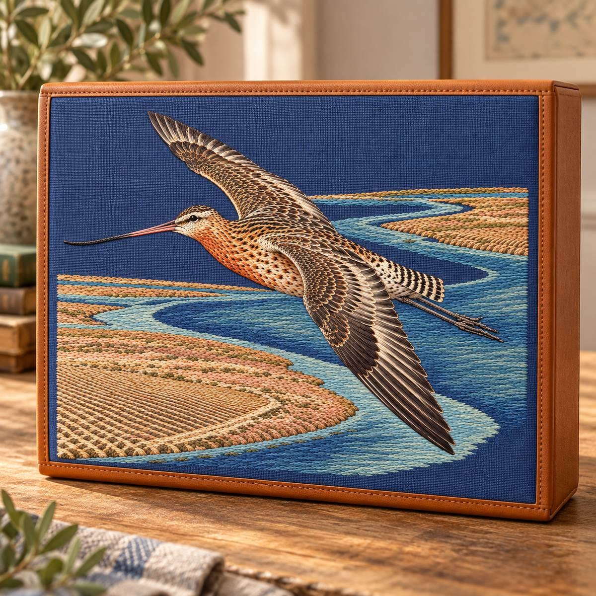 Godwit embroidery design in a digital mockup of A rectangular embroidery panel on a large travel-journal slipcase displayed horizontally upright, warm tan leather rim, no lettering or extra design. Placement inspiration for Study 62.