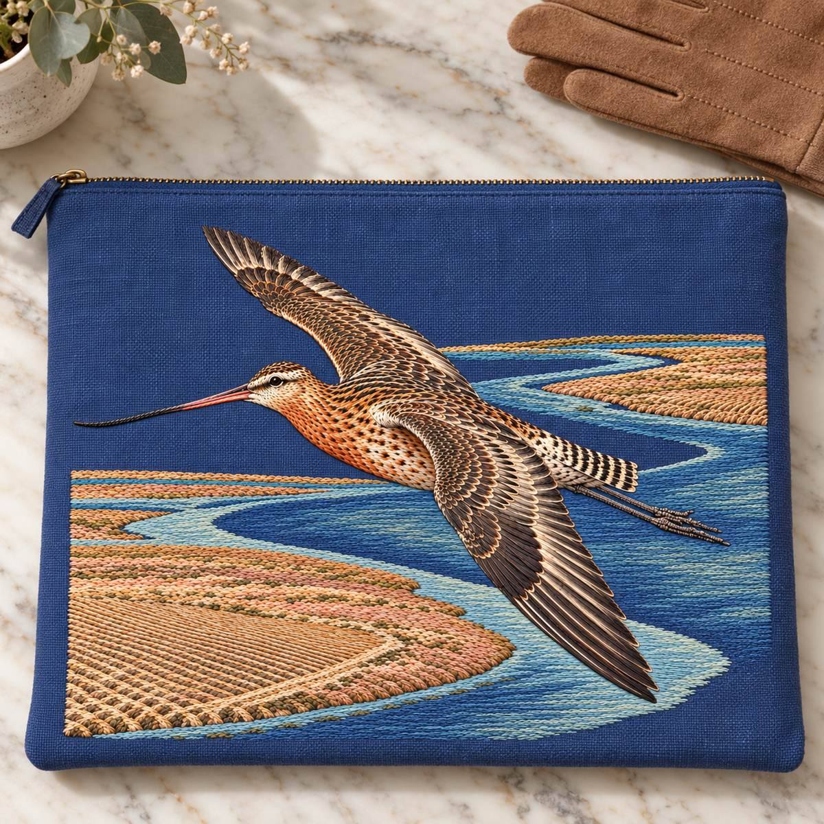 Godwit embroidery design in a digital mockup of A flat landscape portfolio pouch in plum-blue linen, zip at top beyond the design, on a pale marble console beside folded gloves. Placement inspiration for Study 62.