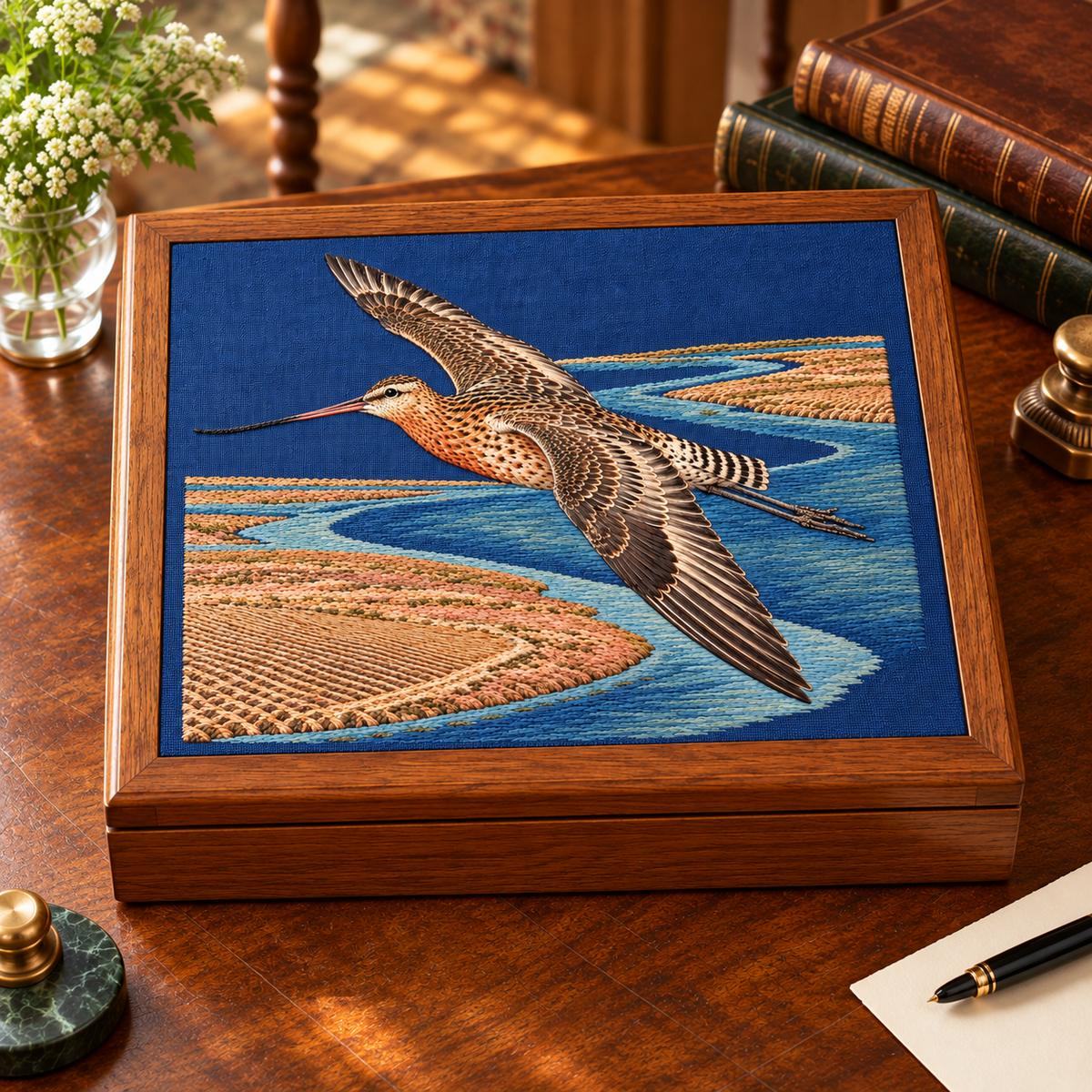 Godwit embroidery design in a digital mockup of A horizontal embroidery inset in a hinged oak writing slope resting closed on a desk; slight top view, pattern top facing away from viewer and readable upright. Placement inspiration for Study 62.