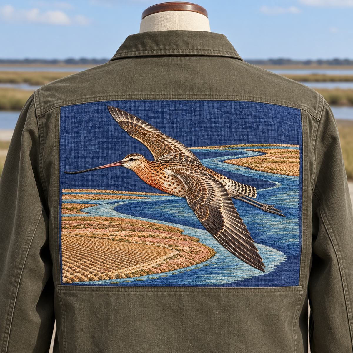Godwit embroidery design in a digital mockup of A wide embroidered back panel on a plain utility overshirt, worn on a headless tailor form viewed from behind; blue rectangular linen inset, no folds across motif. Placement inspiration for Study 62.