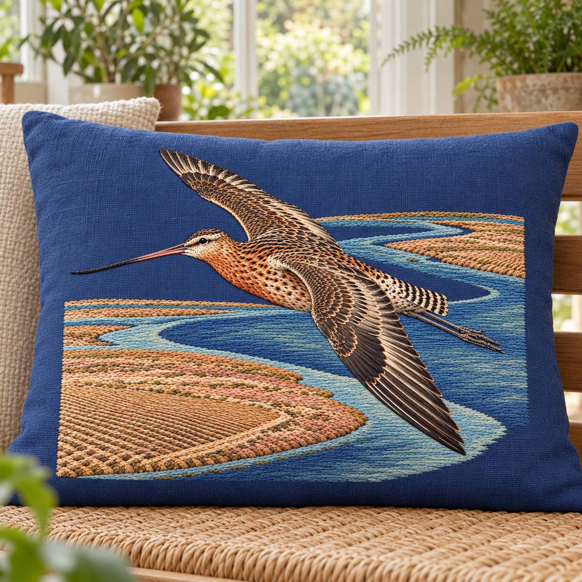 Godwit embroidery design in a digital mockup of A broad padded observation-bench seat back with one landscape plum-blue embroidery panel, reed mat below, uncluttered conservatory, motif nearly frontal. Placement inspiration for Study 62.