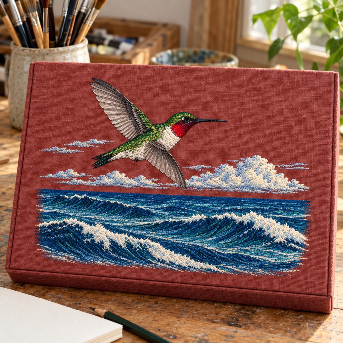 Ruby-throated Hummingbird embroidery design shown in a digital mockup of A landscape embroidery inset on a large rust-plum linen art-supply case, rigid horizontal clamshell format, closed on a painter's worktable with blank paper beside. Study 63.