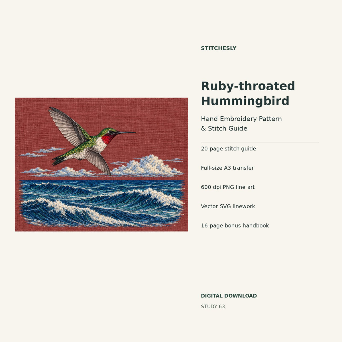 Ruby-throated Hummingbird hand embroidery digital package cover showing the reference artwork and included guide, transfer, PNG, SVG and bonus handbook.