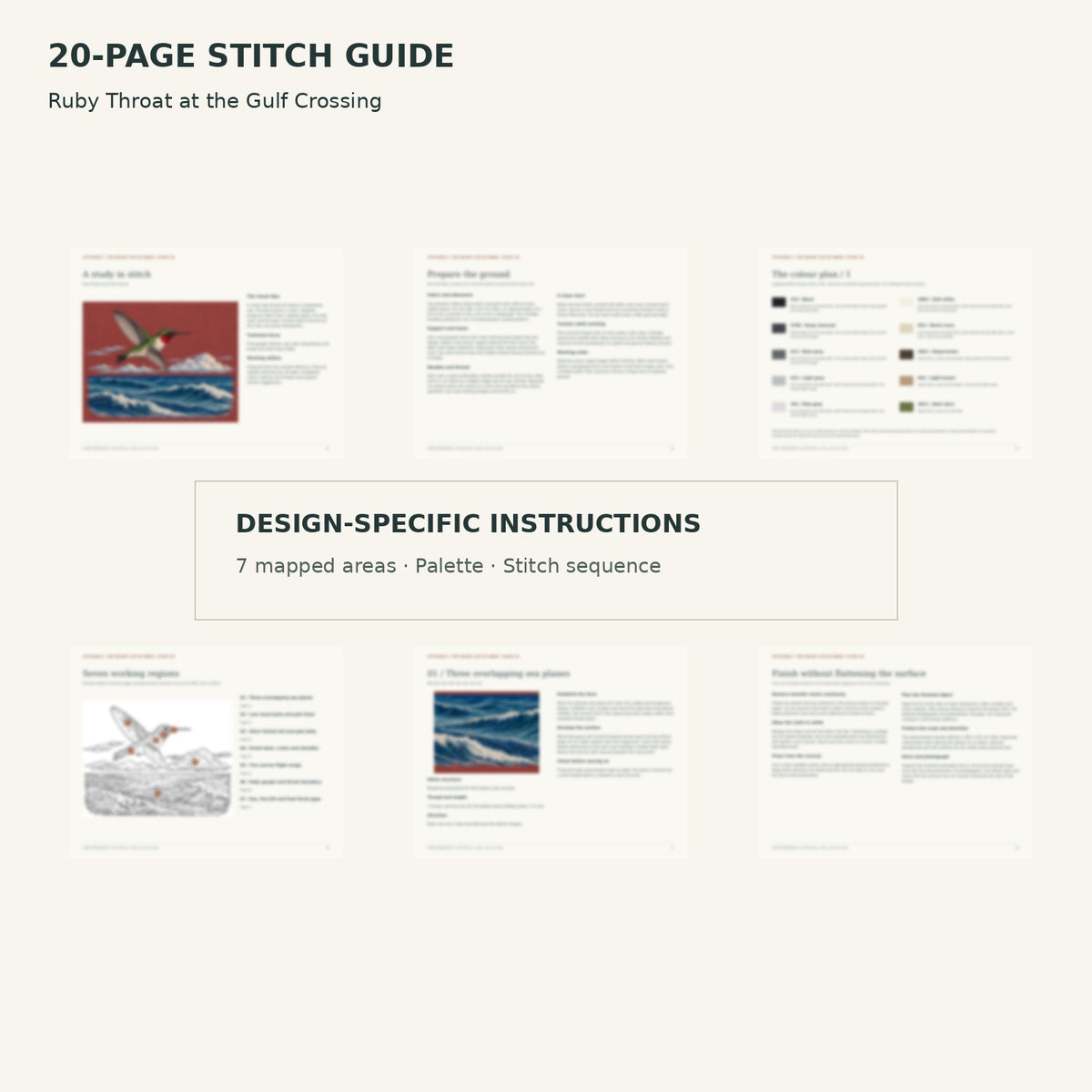 Protected page overview of the 20-page Ruby-throated Hummingbird stitch guide, including its numbered map, suggested palette and working sequence.