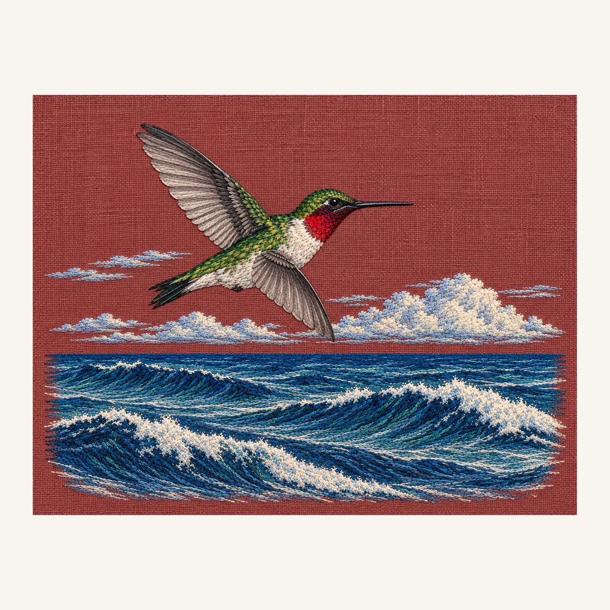 Digital embroidery reference showing a ruby-throated hummingbird over the sea on smoky warm rust-plum linen, landscape composition.
