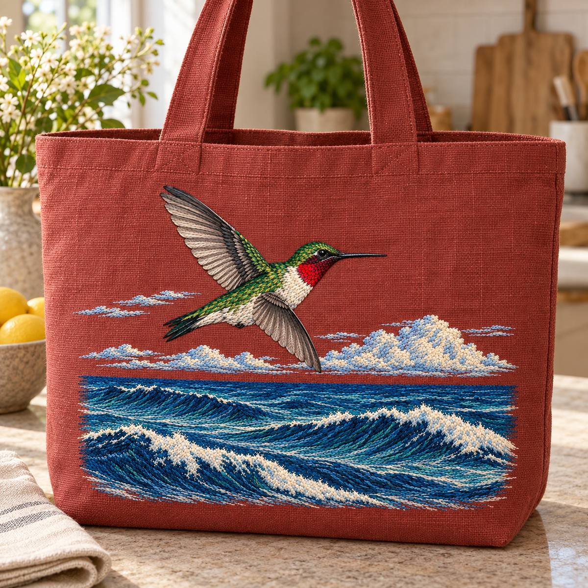 Ruby-throated Hummingbird embroidery design in a digital mockup of A horizontal embroidered patch on a large terracotta canvas market basket, tall plain handles above, basket on a stone kitchen counter; complete rectangular motif. Placement inspiration for Study 63.