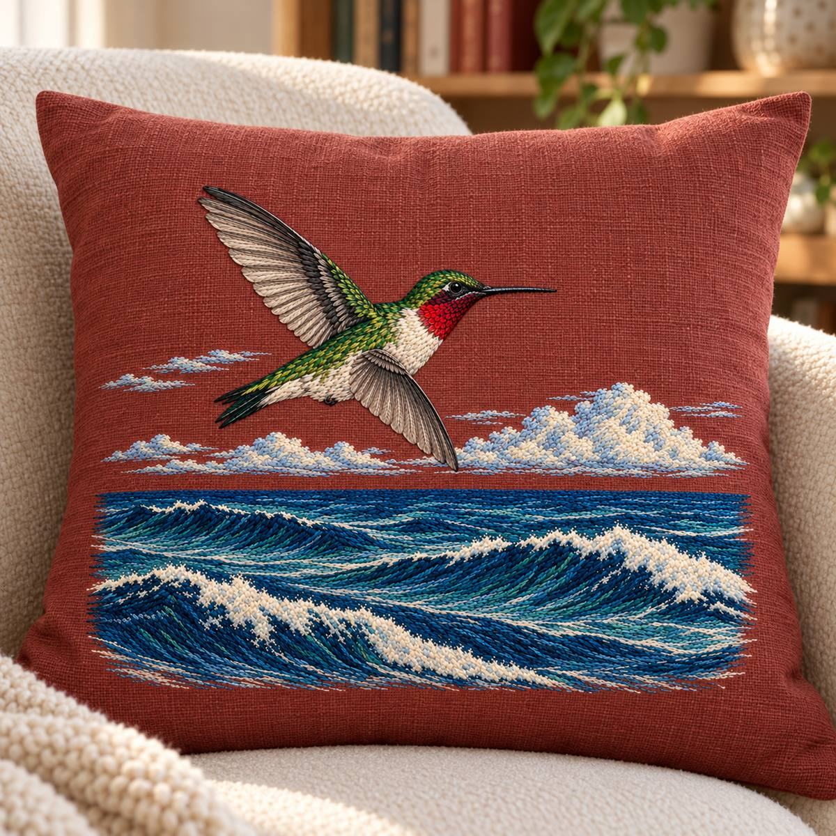 Ruby-throated Hummingbird embroidery design in a digital mockup of A broad low cushion in rust-plum linen on a curved cream reading chair, distant books blurred, face upright and nearly flat. Placement inspiration for Study 63.