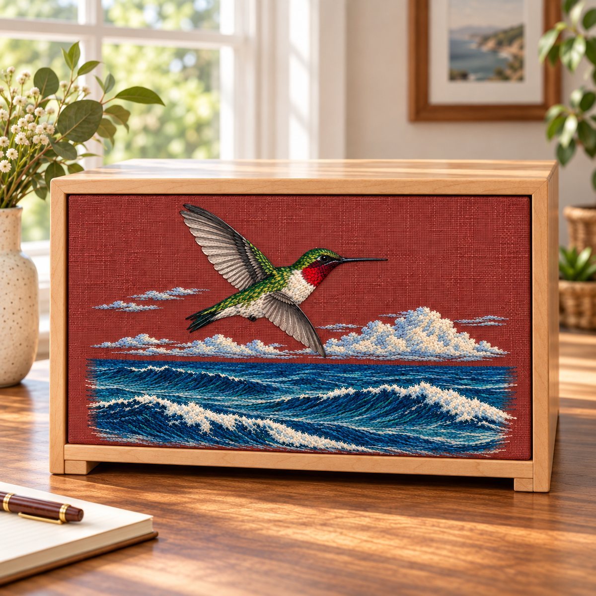 Ruby-throated Hummingbird embroidery design in a digital mockup of A horizontally oriented embroidered panel fitted to the front of a shallow maple stationery drawer cabinet, smooth rails around full motif. Placement inspiration for Study 63.