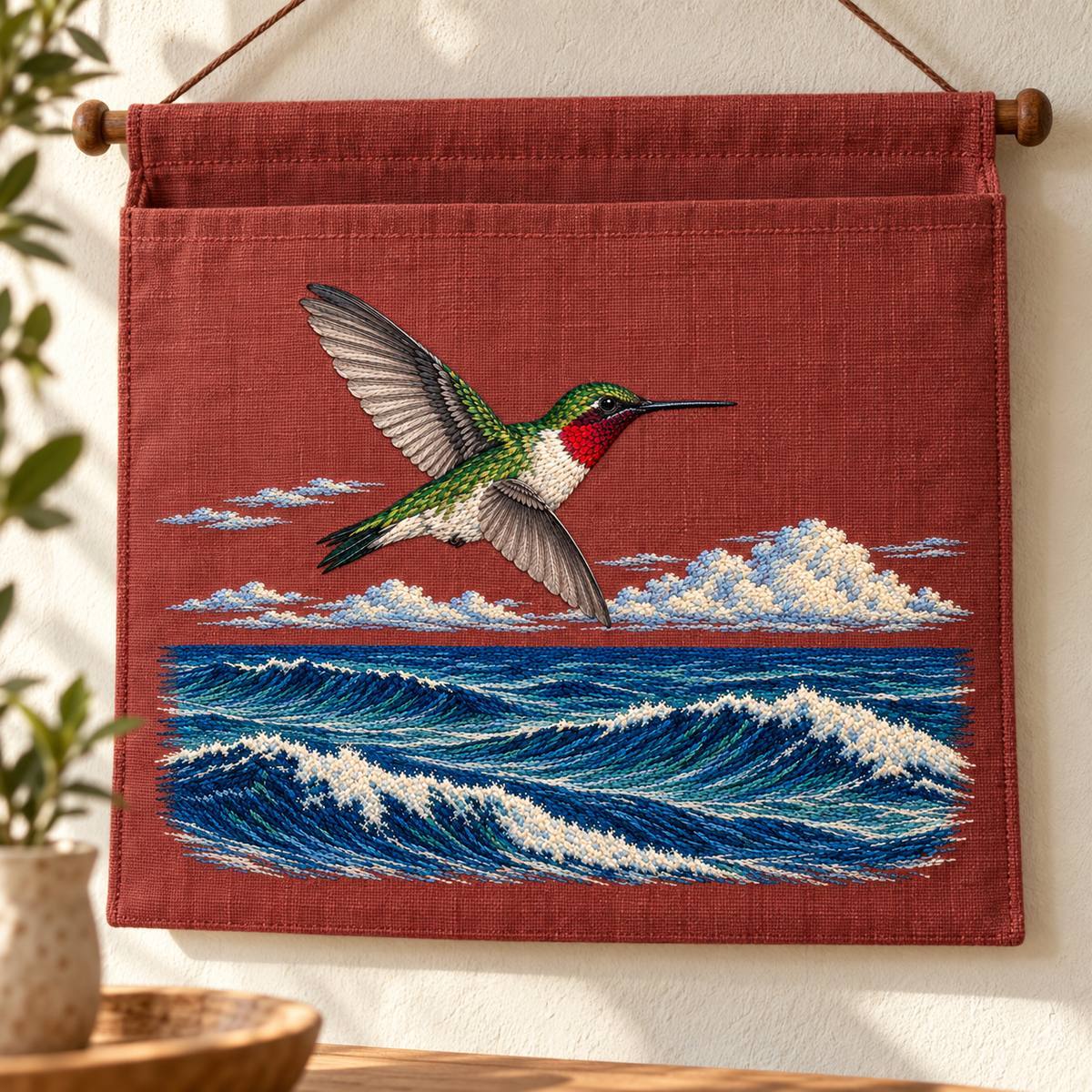 Ruby-throated Hummingbird embroidery design in a digital mockup of A rust-plum linen hanging magazine pocket, wide rectangular outer panel carrying the full landscape motif, simple rod above and no papers obscuring embroidery. Placement inspiration for Study 63.