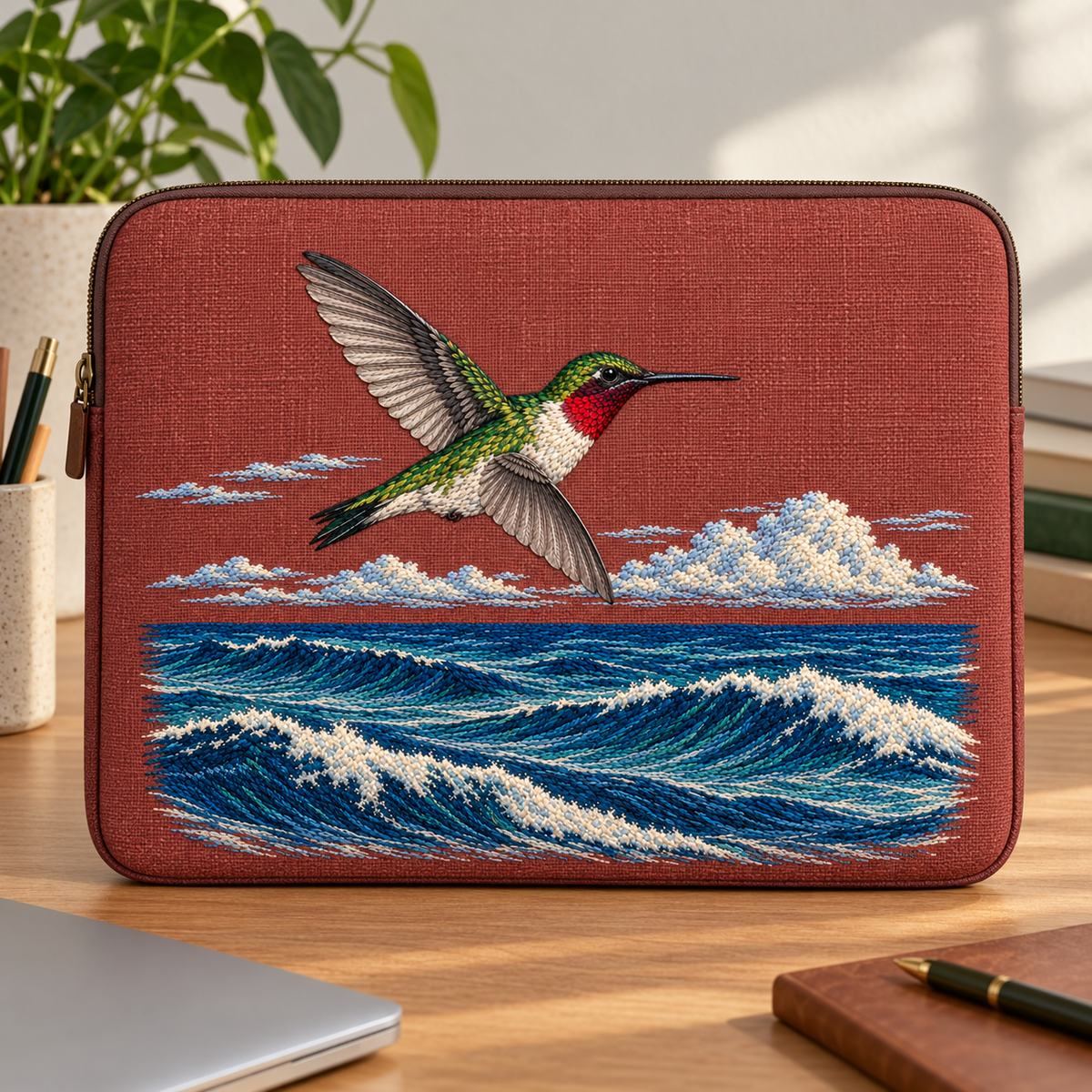 Ruby-throated Hummingbird embroidery design in a digital mockup of A wide zipped laptop sleeve with rust-plum linen embroidery front, closed, , displayed upright on a minimalist writing desk. Placement inspiration for Study 63.