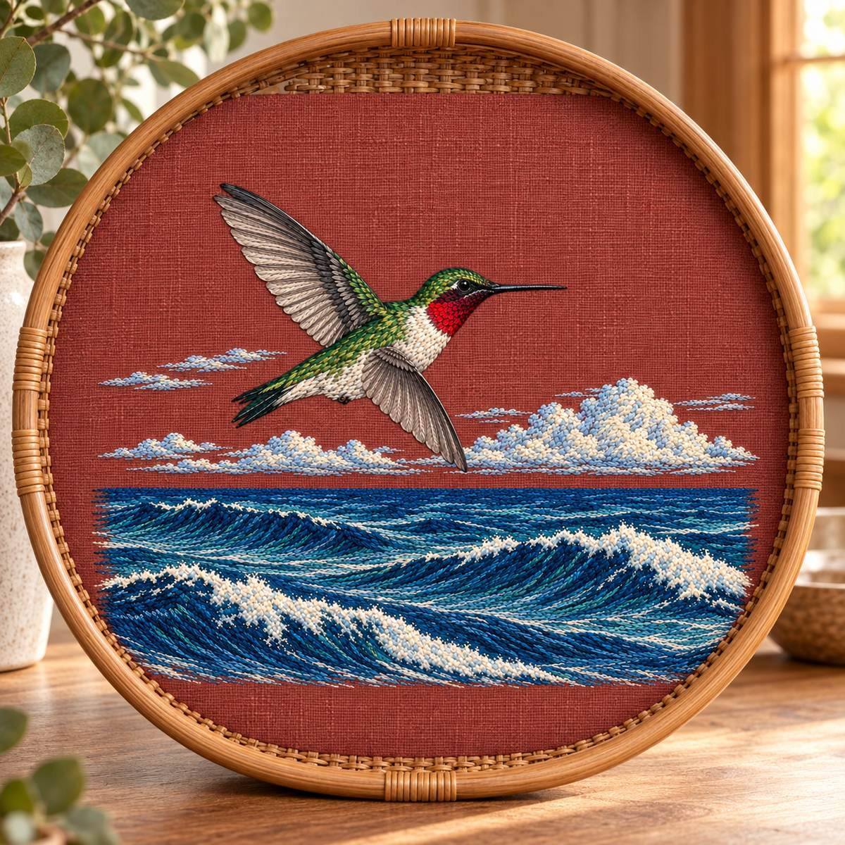 Ruby-throated Hummingbird embroidery design in a digital mockup of A single embroidered landscape textile mounted within a round-ended wide rattan serving-tray display, tray standing vertically so motif is upright; never rotate design. Placement inspiration for Study 63.