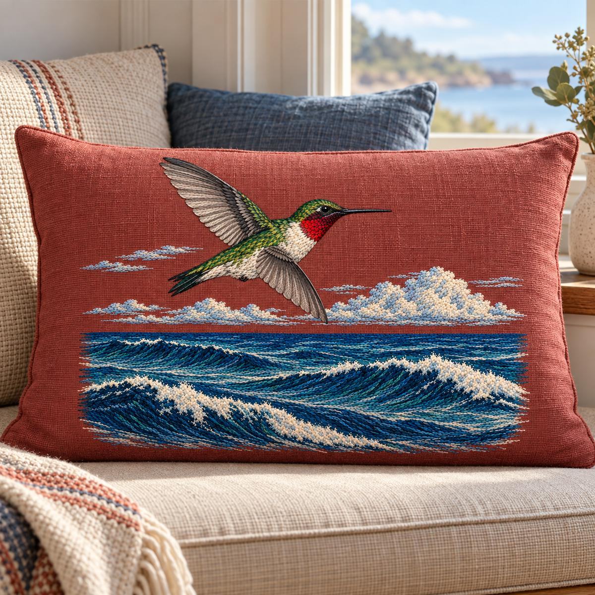 Ruby-throated Hummingbird embroidery design in a digital mockup of A wide rust-plum linen draught cushion presented as a decorative lumbar panel against a window-seat back, soft daylight, complete motif. Placement inspiration for Study 63.