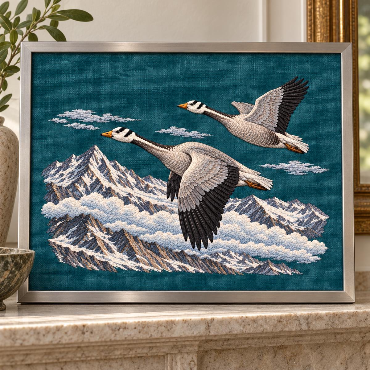 Bar-headed Goose Pair embroidery design shown in a digital mockup of A landscape embroidered panel in a narrow brushed-metal desk frame with generous teal linen margin, on a stone mantel, whole frame shown. Study 64.